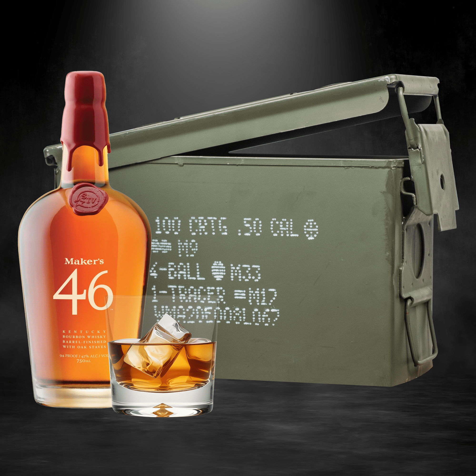 Maker’s Mark 46 bourbon bottle inside authentic ammo can gift set
